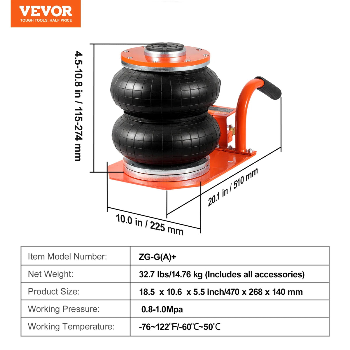 Air Jack, 3 Ton/6600 lbs 3-8S Pneumatic Lifting Jack with Heightened Column & 6 Steel Tubes for Sedan, SUV, Pickup Truck
