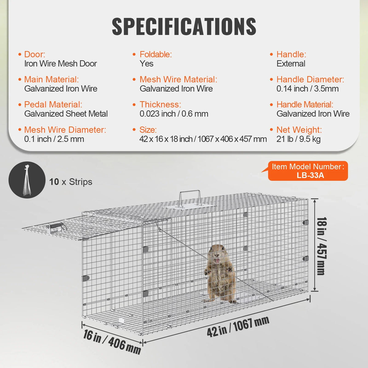 24/31/42/50in Live Animal Cage Trap Folding Humane Cat Trap Galvanized Iron with Handle for Rabbits Squirrels Groundhogs