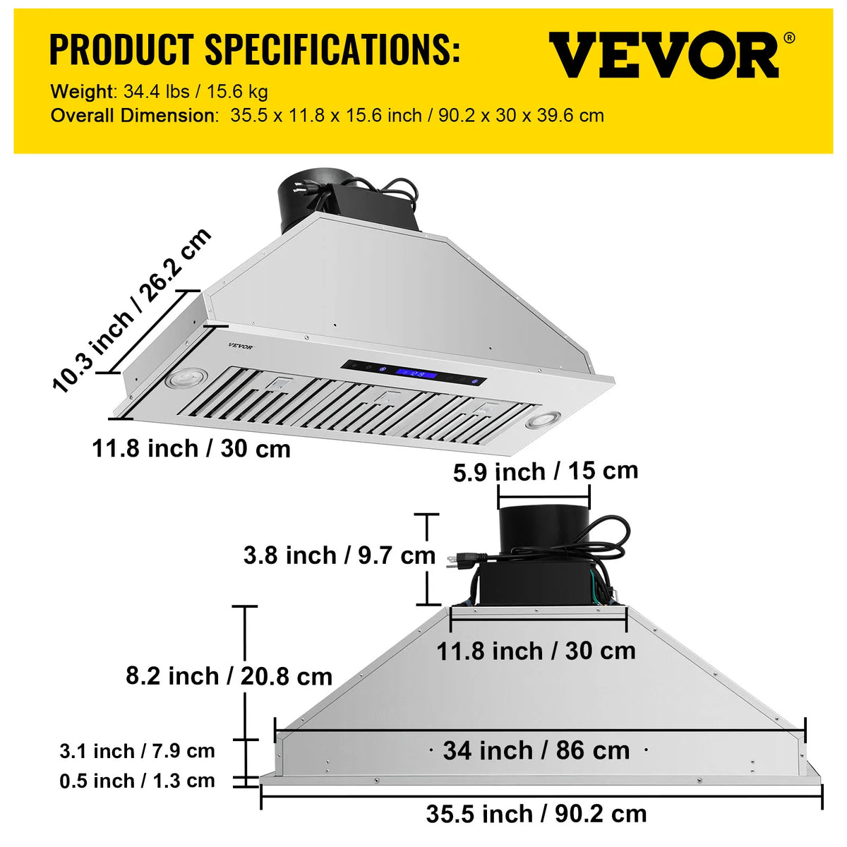 Insert Range Hood, 30/36 Inch Stainless Steel Built-in Kitchen Vent with Touch & Remote Control LED Lights Baffle Filters