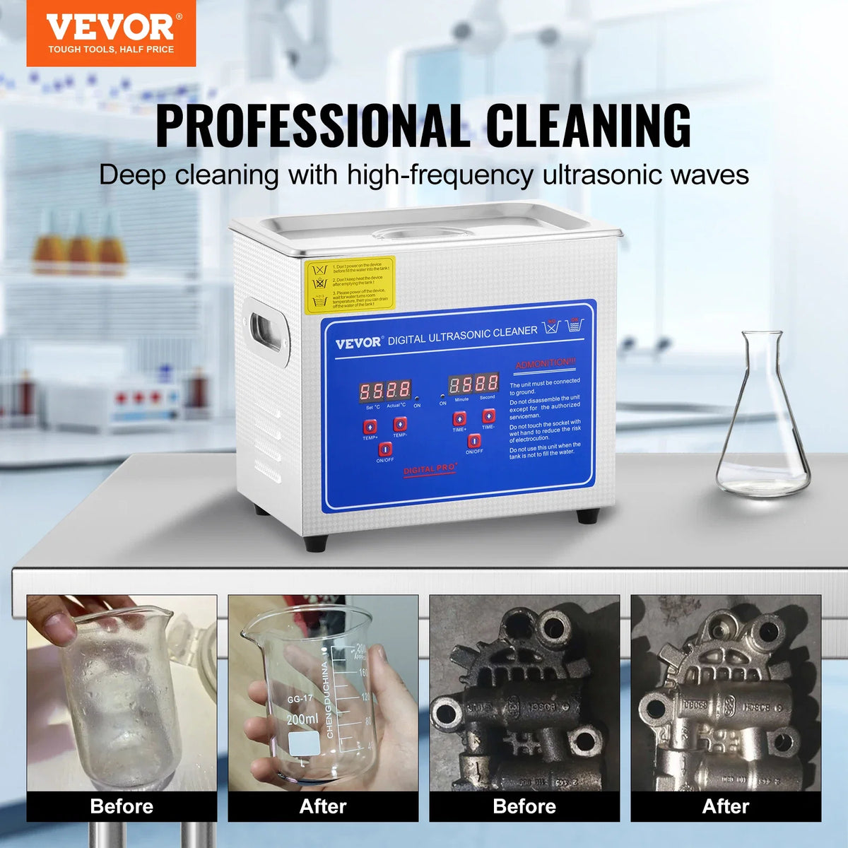 Ultrasonic Cleaner 2.85L with Digital Timer Heater Stainless Steel Industrial Sonic Cleaner for Glasses Watches Rings