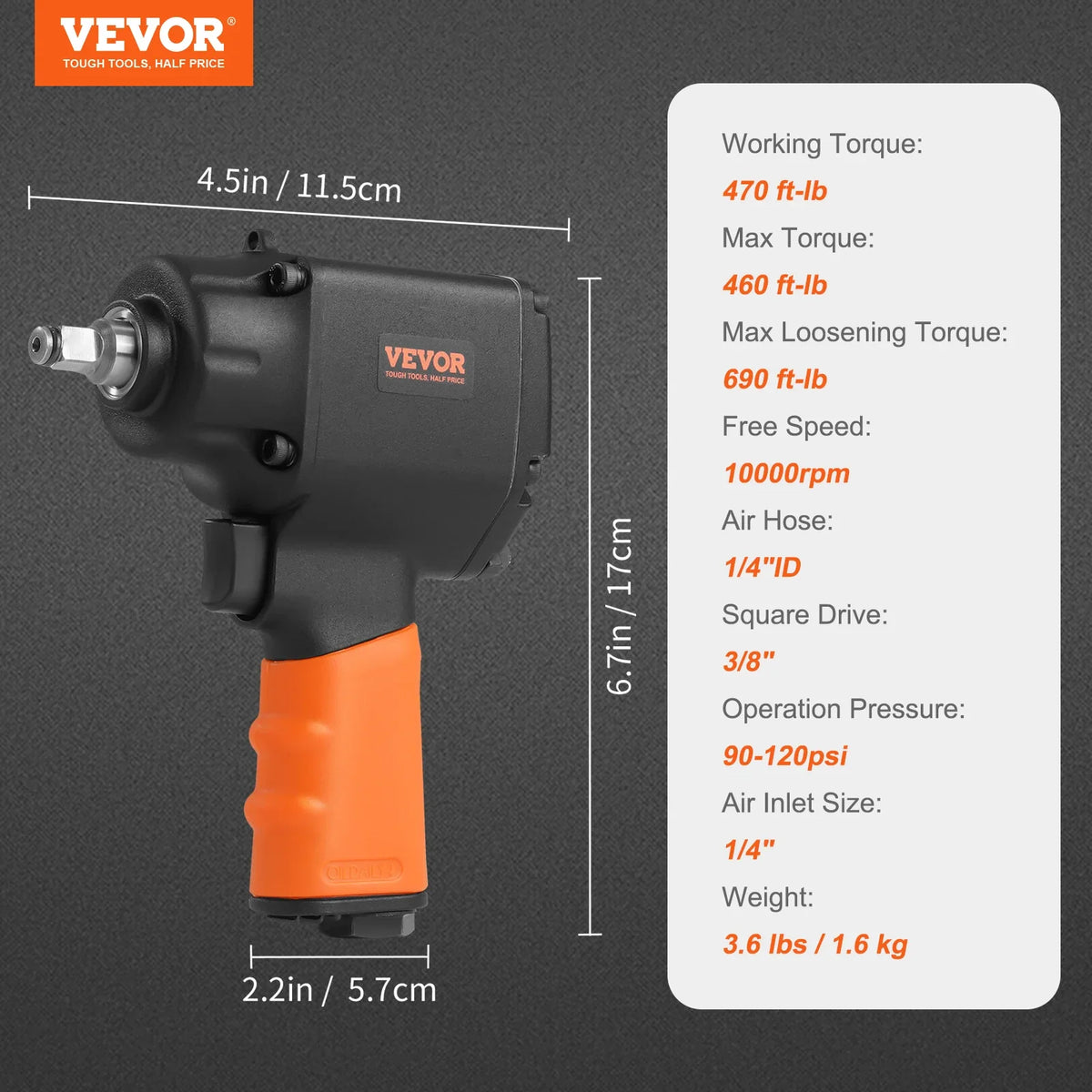 Air Impact Wrench 3/8 Inch Square Drive 690ft lbs Pneumatic Impact Gun Tire Removal Tool for Auto Repairs and Maintenance