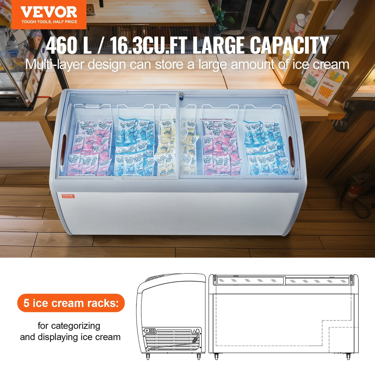 Commercial Ice Cream Display Case,16.3 Cu.ft Chest Freezer,Mobile Glass Top Deep Freezer,Restaurant Gelato Dipping Cabinet