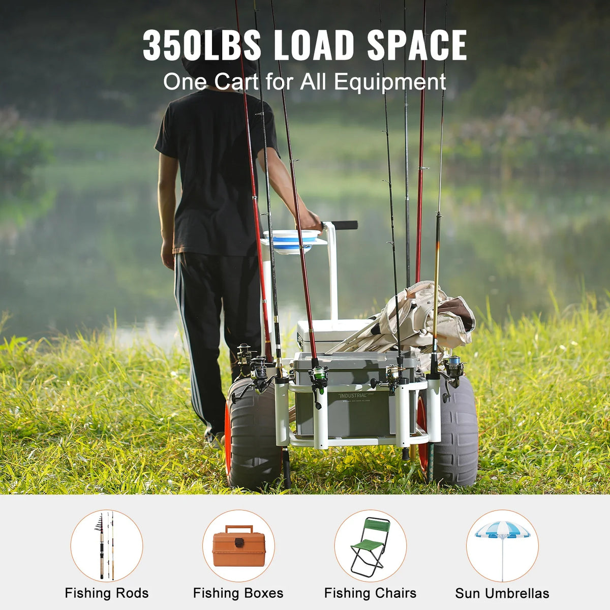 200/300/350 lbs Beach Fishing Cart with Two 11"/13"/16" Wheels 7 Rod Holders Steel Pier Wagon Trolley for Sand Picnic