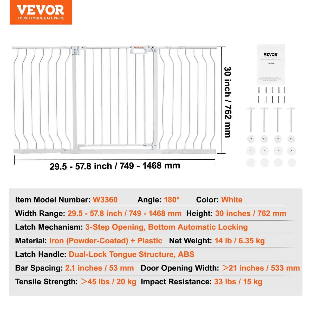 Baby Gate 29.5"-39"/ 48.4"/ 53"/ 57.8" Extra Wide 30" High Dog Gate for Stairs Doorways and House Auto Close Security Gate