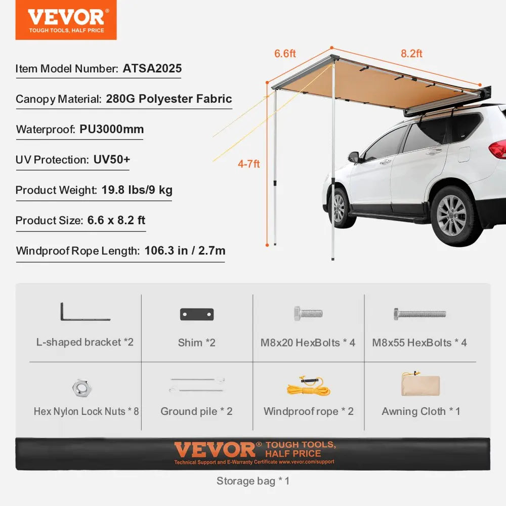 Car Side Awning 4.6"x6.6" Shade Coverage Vehicle Awning PU3000mm UV50+ Retractable Car Awning for Truck/SUV/Van/Campers