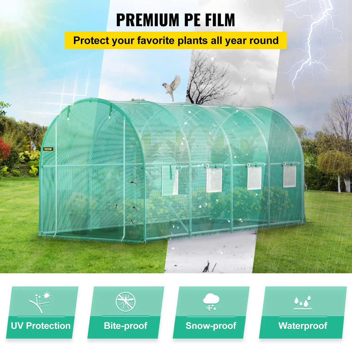 Walk-in Tunnel Greenhouse 15x7x7ft Portable Plant Hot House with Galvanized Steel Hoops Green House for Plants Growing