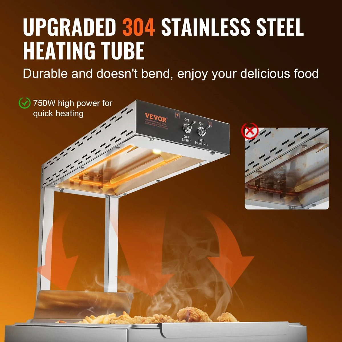 750/1000W Commercial French Fry Warmer with Heating Lamp, 104-122°F for Chip Buffet & Restaurant Countertop