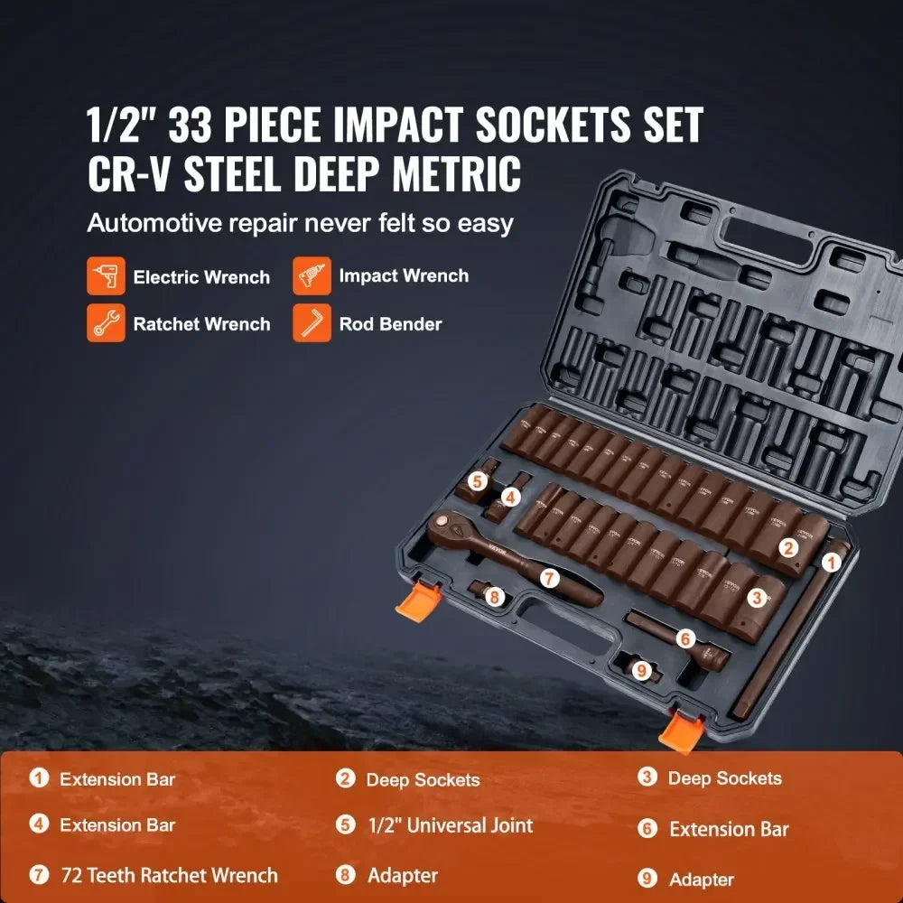 1/2" 3/8" Drive Impact Socket Set 13/23/33/34/48/65/90PCs SAE or Metric Cr-V/Cr-Mo Socket Set 6 Point Alloy Steel Repair