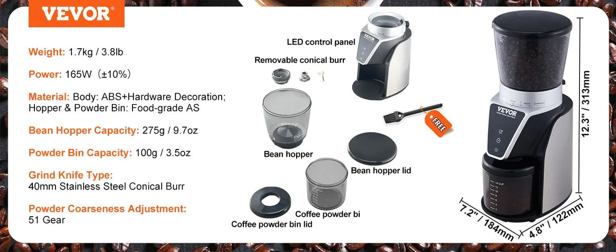40MM Conical Burr Grind Setting Coffe Bean Electric Grinder Mocha Espresso Adjustment Coffee Machine for Home and Kitchen
