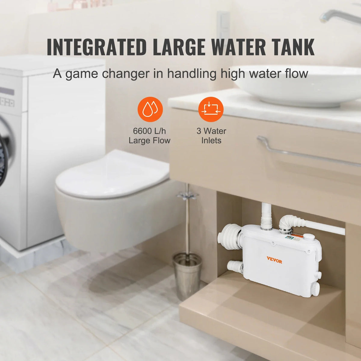 Macerator Pump, 500W, 6600 L/h Flow,26.2 ft/8 m Head, Macerator Sewerage Sump Pump with 3 Water Inlets for Toilet,Kitchen