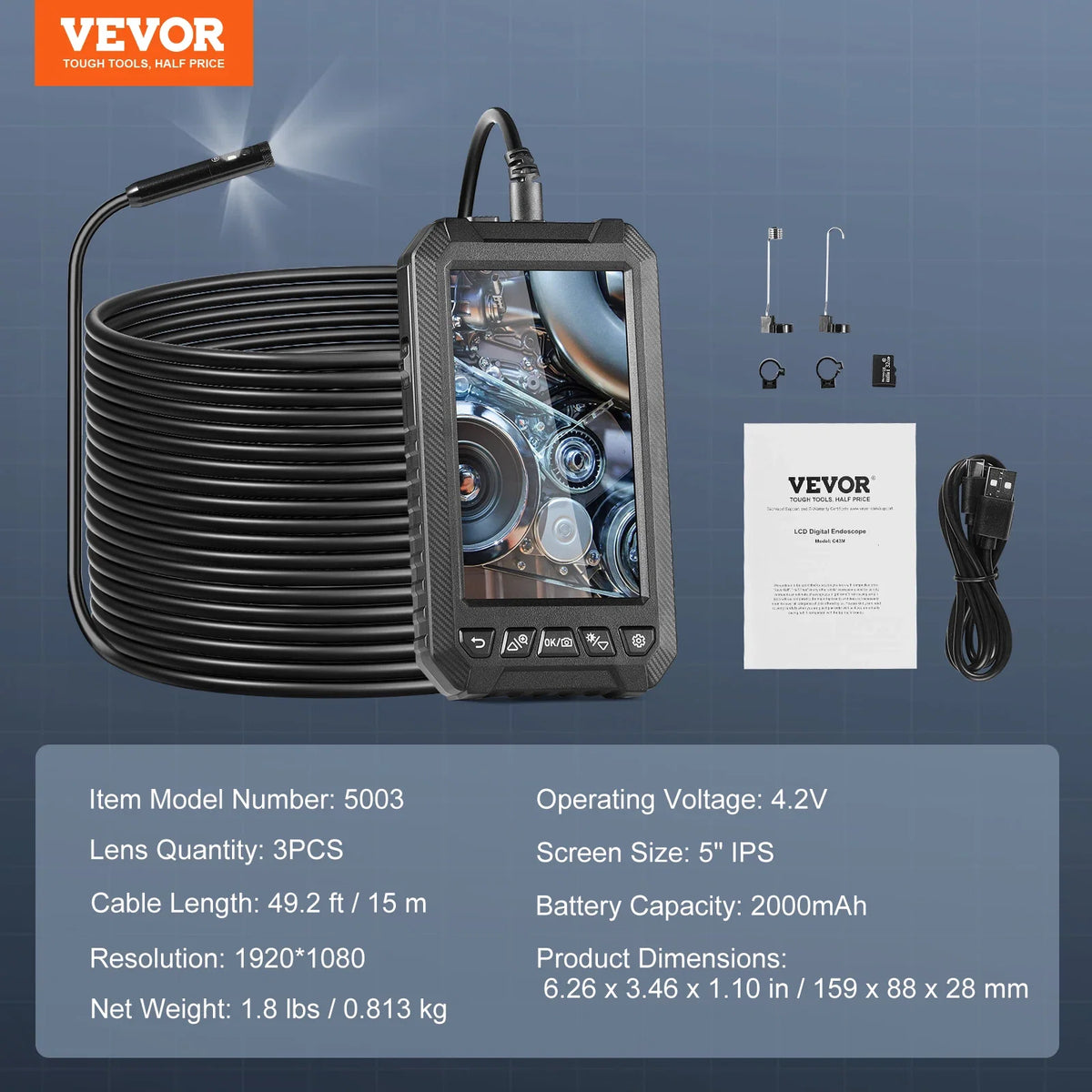 Endoscope Camera Light Triple Lens Borescope  49.2FT Semi-Rigid Cable 5" Screen 1080P Inspection Camera for Auto Plumbing