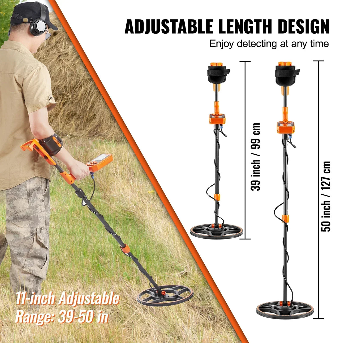 Professional Rechargeable Metal Detector 12" IP68 Waterproof Coil 39-50 in Adjustable with LCD 7Modes for Treasure Hunting