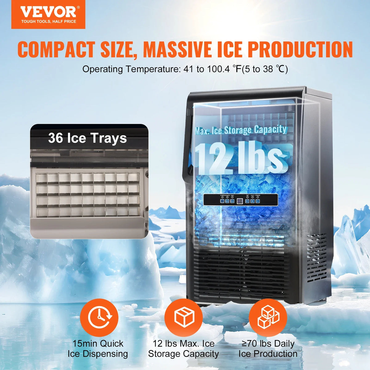 Commercial Ice Maker, 70lbs/24H, 36 Ice Cubes in 12-15 Minutes, Freestanding Cabinet Ice Maker with 12lbs Storage Capacity