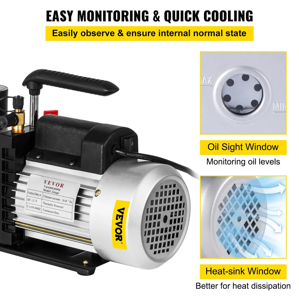 8CFM Two-Stage Rotary Vane Professional Vacuum Pump (15Micron 3/4HP 1/4"flare 3/8 SAE 1/2"ACME inlet) for Air Conditioning