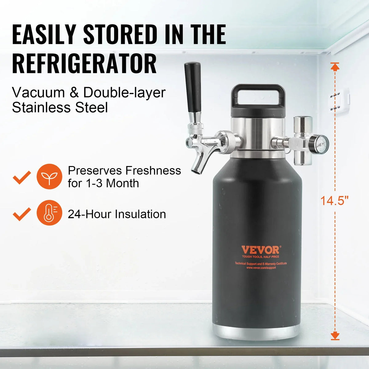 Beer Growler Tap System, 64/128 Oz Mini Keg,304 Stainless Steel Pressurized Beer Growler, Keg Growler w/ Pressure Display