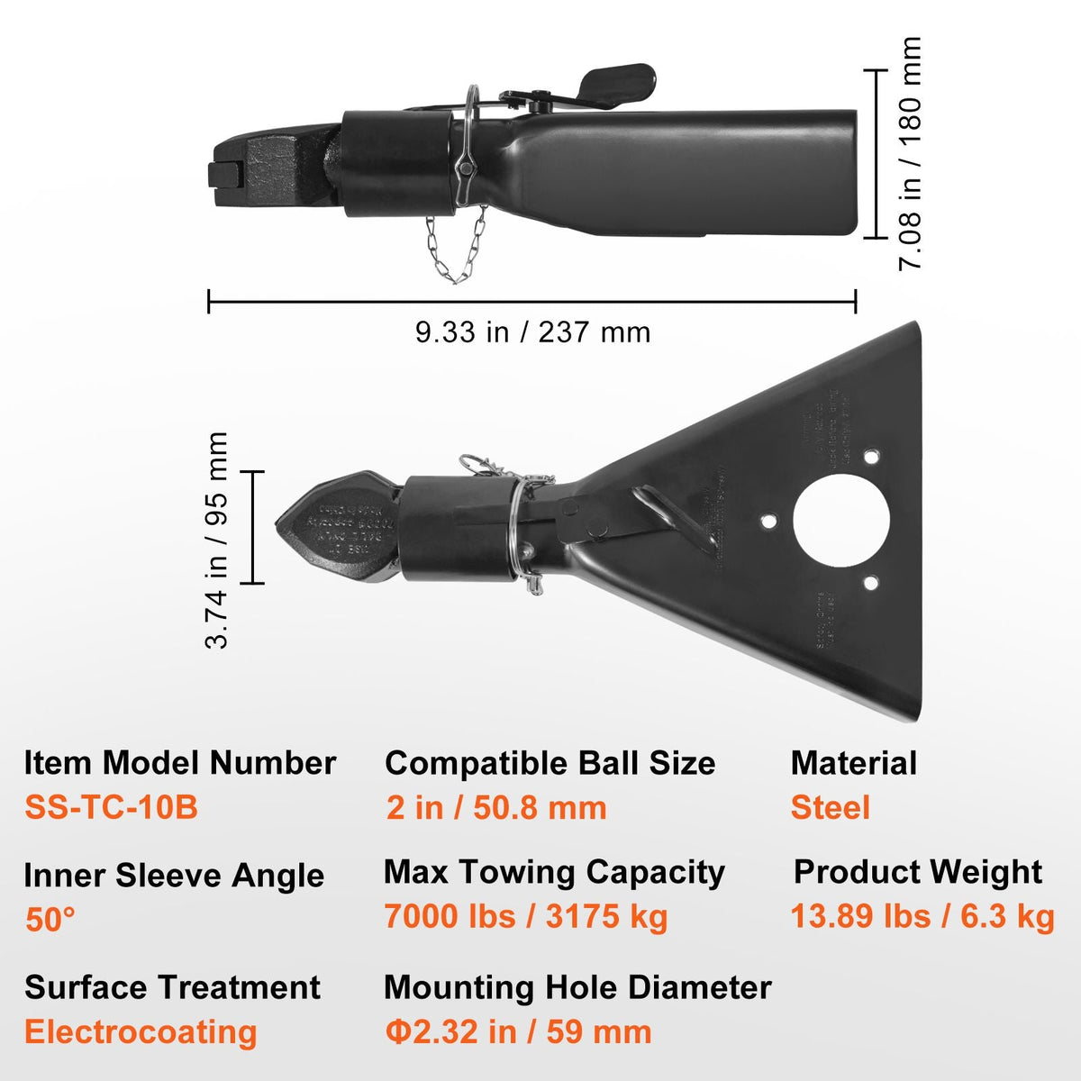 A-Frame Trailer Coupler, Fits 2-Inch Hitch Ball Size, 7000 lbs Towing Capacity, Heavy Duty Steel Coupler, Ideal for Towing Station Wagons, Pickup Trucks, SUVs, Campers, Black Coating Surface