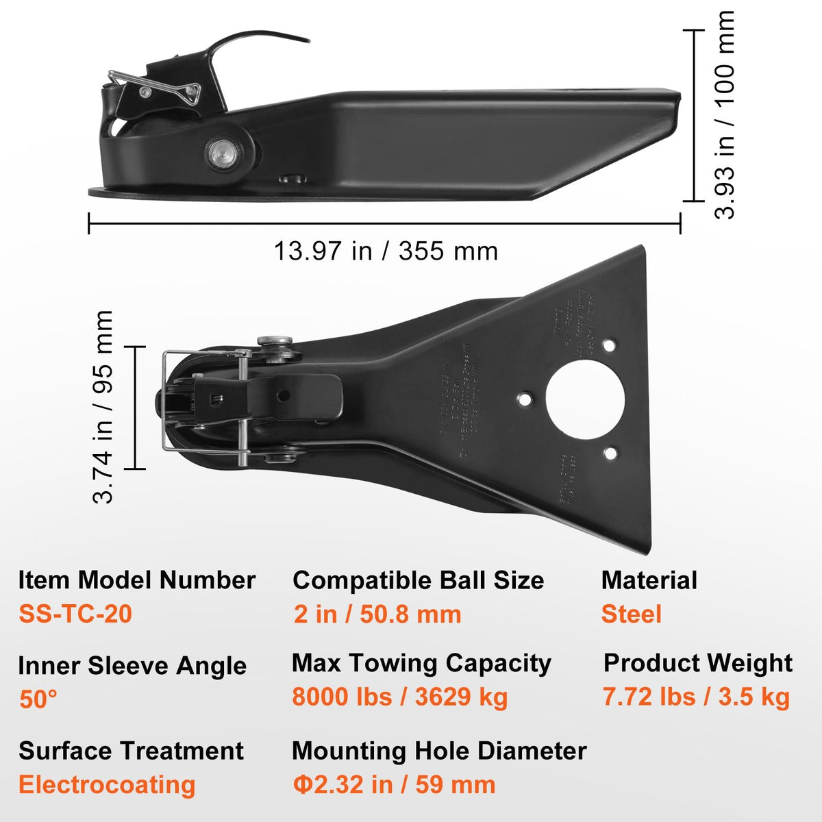 A-Frame Trailer Coupler, Fits 2-Inch Hitch Ball Size, 8000 lbs Towing Capacity, Heavy Duty Steel Coupler, Ideal for Towing Station Wagons, Pickup Trucks, SUVs, Campers, Black Coating Surface