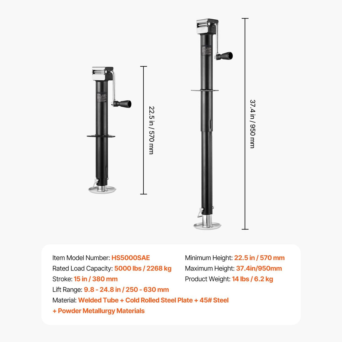 A-Frame Trailer Jack, 5000 lbs Dynamic Load Capacity, Trailer Jack Stand with Handle & Rectangular Footpad, 15-inch Vertical Travel, Suitable for RV, Horse, Utility Trailers, Yacht Trailers