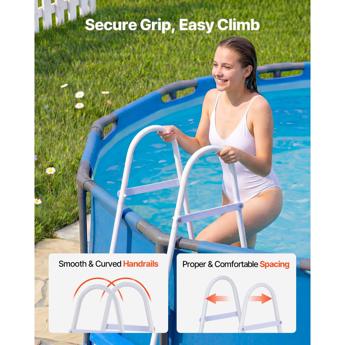 Above Ground Pool Ladder, 3-Step Steel A-Frame Swimming Pool Stairs for 36 in High Wall, 300 lbs Capacity Entry/Exit Steps with Secure Non-Slip Sturdy Wide Step, Easy Setup, White & Blue