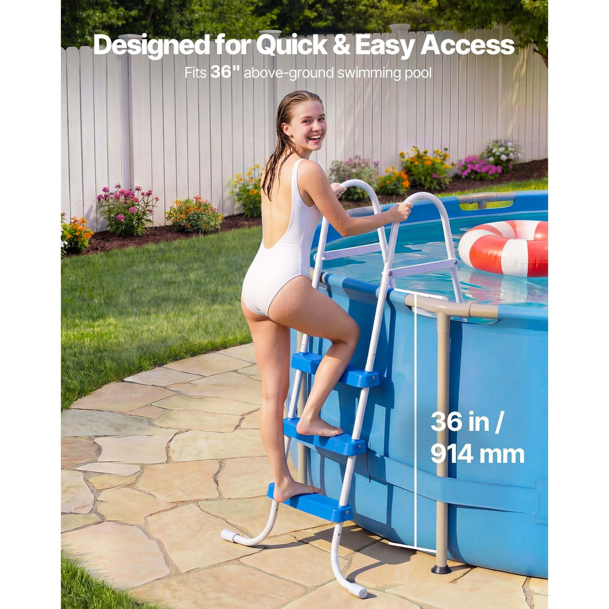 Above Ground Pool Ladder, 3-Step Steel A-Frame Swimming Pool Stairs for 36 in High Wall, 300 lbs Capacity Entry/Exit Steps with Secure Non-Slip Sturdy Wide Step, Easy Setup, White & Blue