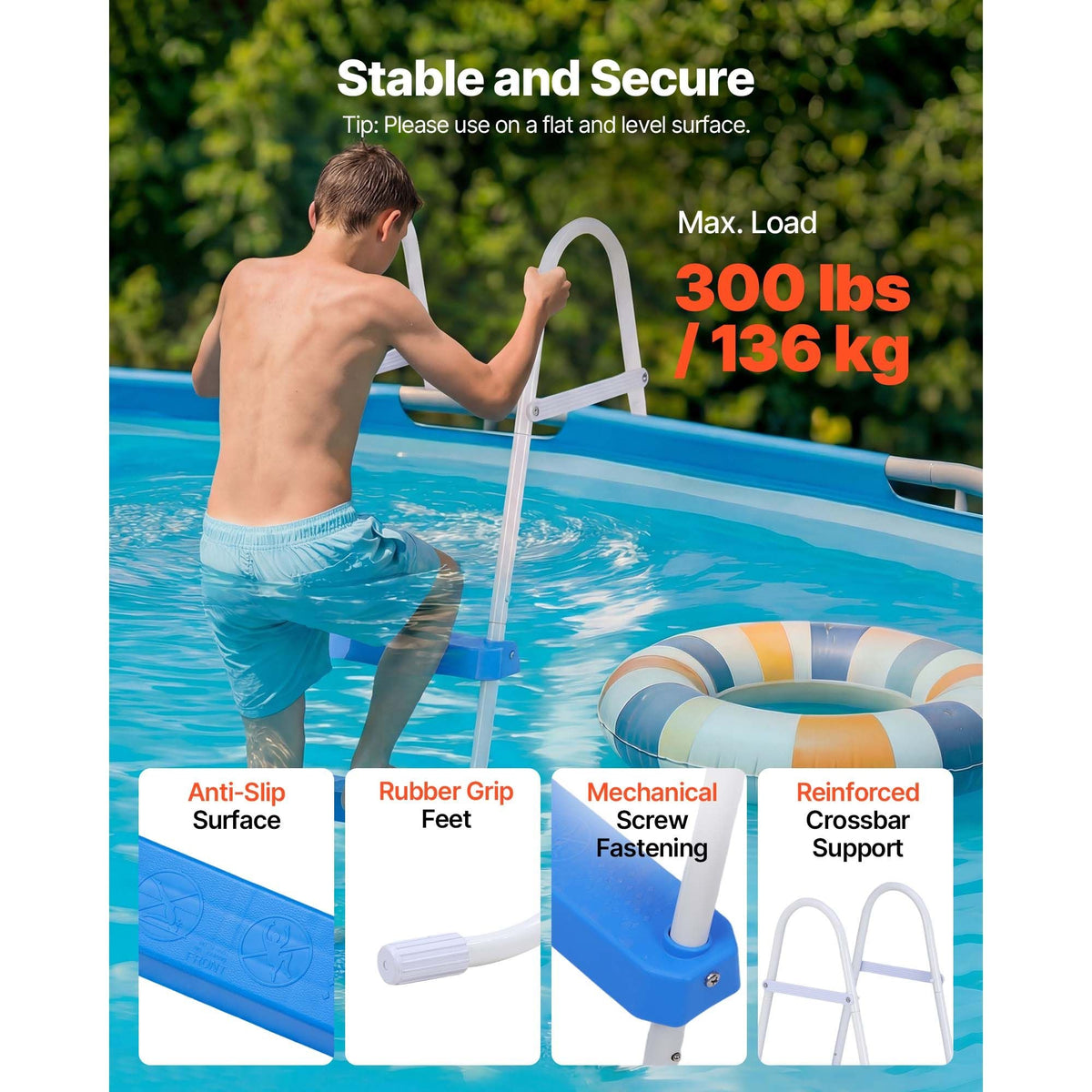 Above Ground Pool Ladder, 3-Step Steel A-Frame Swimming Pool Stairs for 36 in High Wall, 300 lbs Capacity Entry/Exit Steps with Secure Non-Slip Sturdy Wide Step, Easy Setup, White & Blue