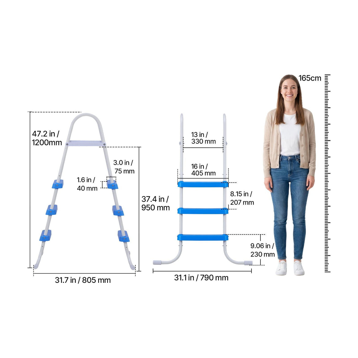Above Ground Pool Ladder, 3-Step Steel A-Frame Swimming Pool Stairs for 36 in High Wall, 300 lbs Capacity Entry/Exit Steps with Secure Non-Slip Sturdy Wide Step, Easy Setup, White & Blue