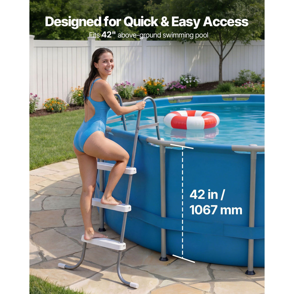 Above Ground Pool Ladder, 3-Step Steel A-Frame Swimming Pool Stairs for 42 in High Wall, 300 lbs Capacity Entry/Exit Steps with Secure Non-Slip Sturdy Wide Step, Easy Setup, Gray & White