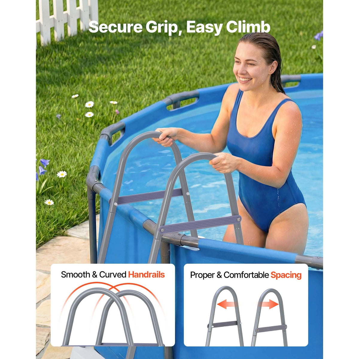 Above Ground Pool Ladder, 3-Step Steel A-Frame Swimming Pool Stairs for 42 in High Wall, 300 lbs Capacity Entry/Exit Steps with Secure Non-Slip Sturdy Wide Step, Easy Setup, Gray & White