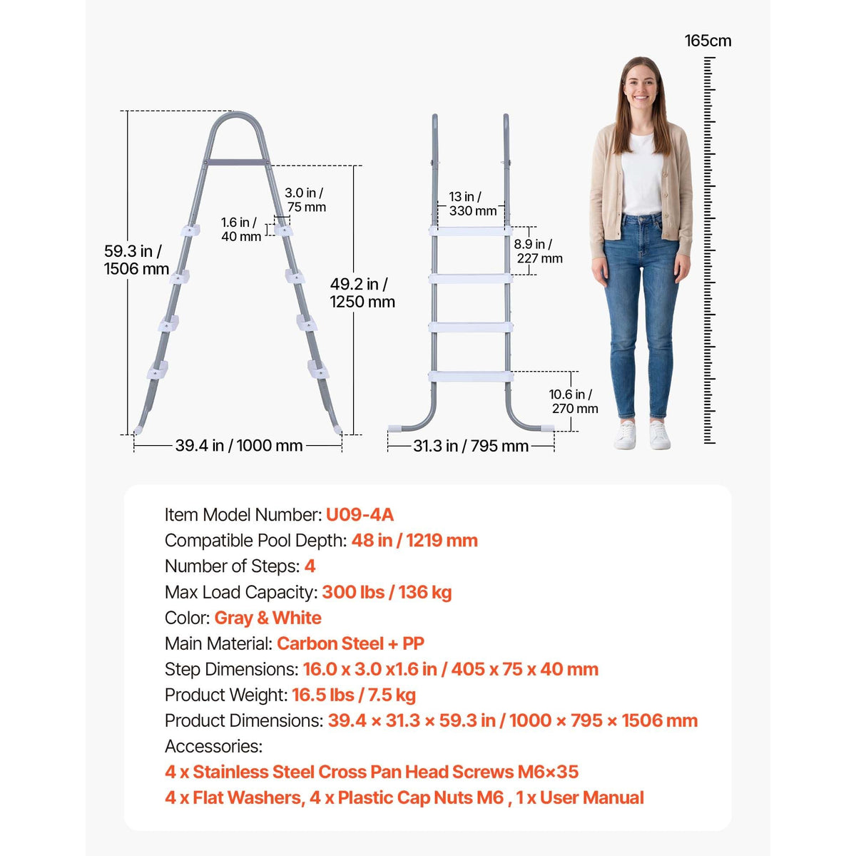 Above Ground Pool Ladder, 4-Step Steel A-Frame Swimming Pool Stairs for 48 in High Wall, 300 lbs Capacity Entry/Exit Steps with Secure Non-Slip Sturdy Wide Step, Easy Setup, Gray & White