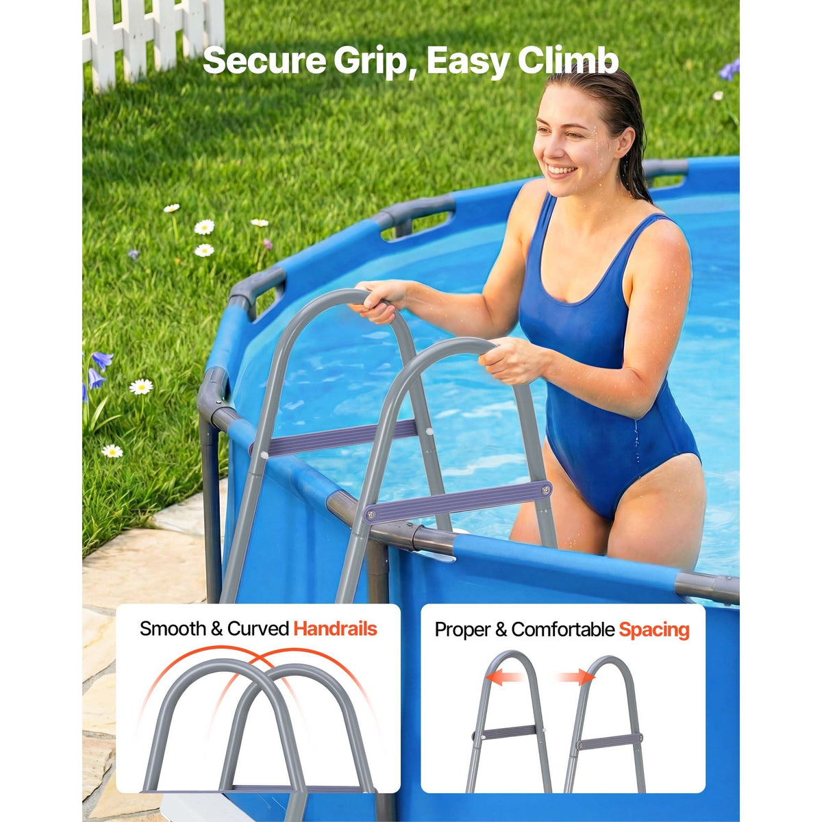 Above Ground Pool Ladder, 4-Step Steel A-Frame Swimming Pool Stairs for 48 in High Wall, 300 lbs Capacity Entry/Exit Steps with Secure Non-Slip Sturdy Wide Step, Easy Setup, Gray & White