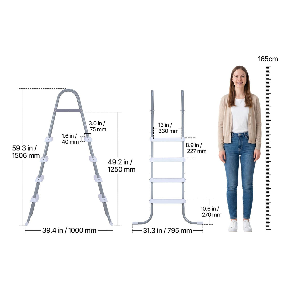 Above Ground Pool Ladder, 4-Step Steel A-Frame Swimming Pool Stairs for 48 in High Wall, 300 lbs Capacity Entry/Exit Steps with Secure Non-Slip Sturdy Wide Step, Easy Setup, Gray & White