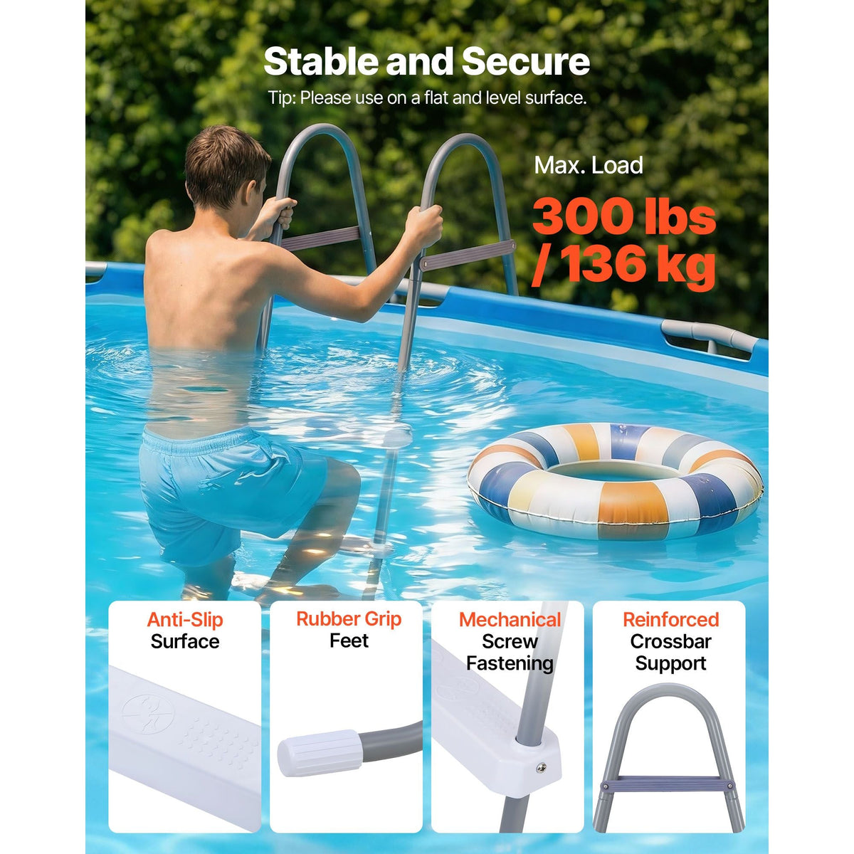Above Ground Pool Ladder, 4-Step Steel A-Frame Swimming Pool Stairs for 48 in High Wall, 300 lbs Capacity Entry/Exit Steps with Secure Non-Slip Sturdy Wide Step, Easy Setup, Gray & White