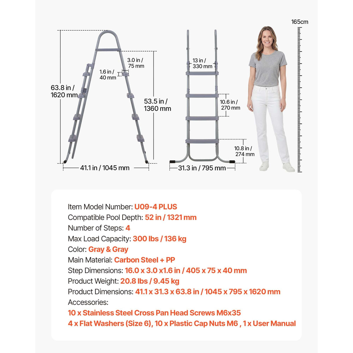 Above Ground Pool Ladder, 4-Step Steel A-Frame Swimming Pool Stairs for 52 in High Wall, 300 lbs Capacity Entry/Exit Steps with Secure Non-Slip Sturdy Wide Step, Easy Setup Outdoor, Gray