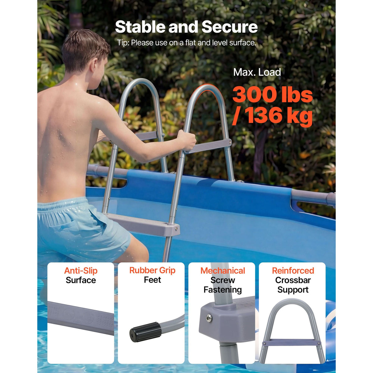 Above Ground Pool Ladder, 4-Step Steel A-Frame Swimming Pool Stairs for 52 in High Wall, 300 lbs Capacity Entry/Exit Steps with Secure Non-Slip Sturdy Wide Step, Easy Setup Outdoor, Gray