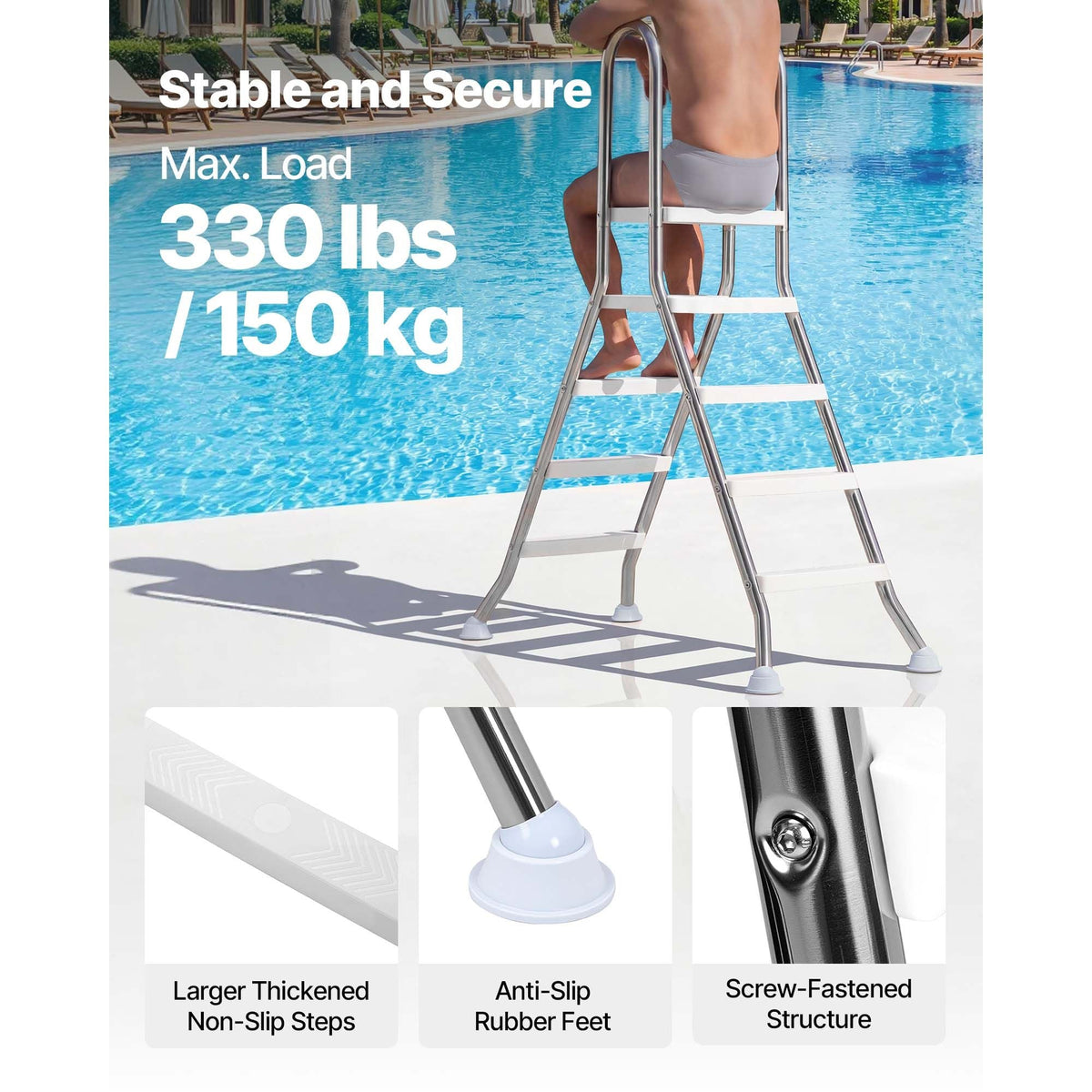 Above Ground Pool Ladder, Stainless Steel A-Frame Swimming Pool Stairs for 49.2 in High Wall, 330 lbs Capacity Heavy Duty Entry/Exit Steps with Secure Non-Slip 4 Steps and Platform, Silver