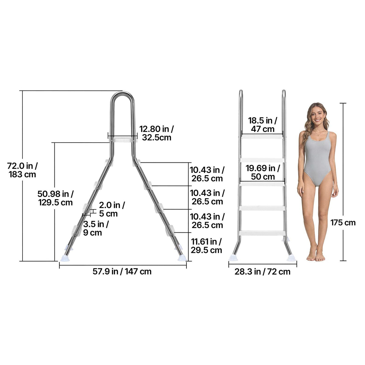 Above Ground Pool Ladder, Stainless Steel A-Frame Swimming Pool Stairs for 49.2 in High Wall, 330 lbs Capacity Heavy Duty Entry/Exit Steps with Secure Non-Slip 4 Steps and Platform, Silver