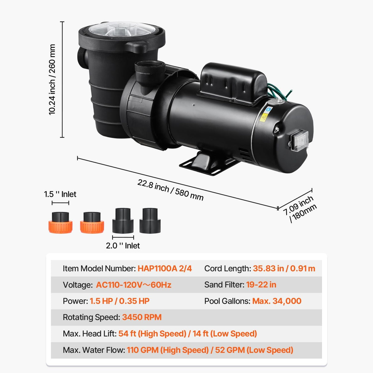 Above Ground Pool Pump, 1.5HP/0.35HP, Dual Speed Swimming Pool Pump, High 110 GPM 54 ft Lift, Low 52 GPM 14 ft Lift, 110V 3450 RPM with Strainer Basket, 122 Fahrenheit Max Water Temp