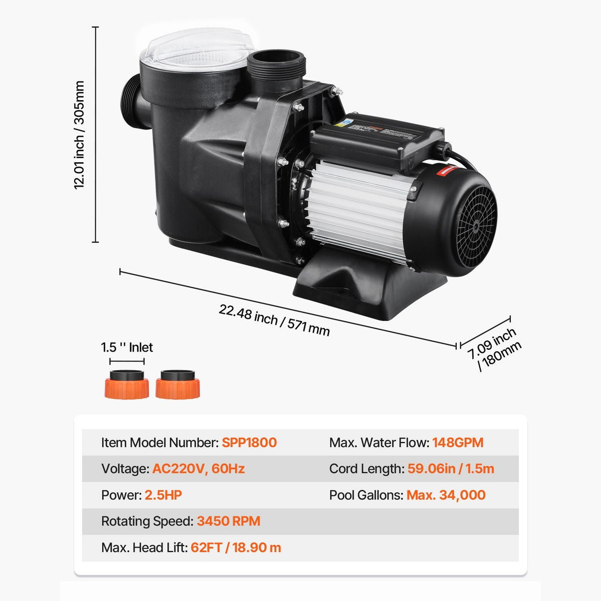 Above Ground Pool Pump, 2.5 HP, 148 GPM Max Flow Single Speed Swimming Pool Pump, 220V 3450 RPM 62 ft Max Head Lift with PP Shell Strainer Basket, 122 Fahrenheit Max Water Temperature