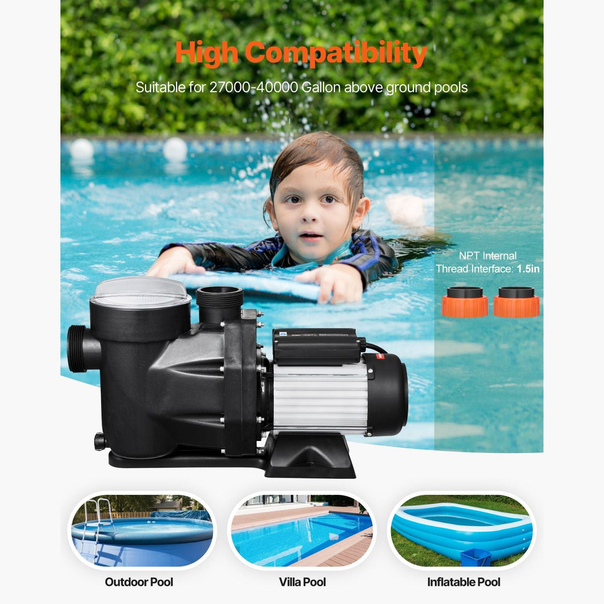 Above Ground Pool Pump, 2.5 HP, 148 GPM Max Flow Single Speed Swimming Pool Pump, 220V 3450 RPM 62 ft Max Head Lift with PP Shell Strainer Basket, 122 Fahrenheit Max Water Temperature