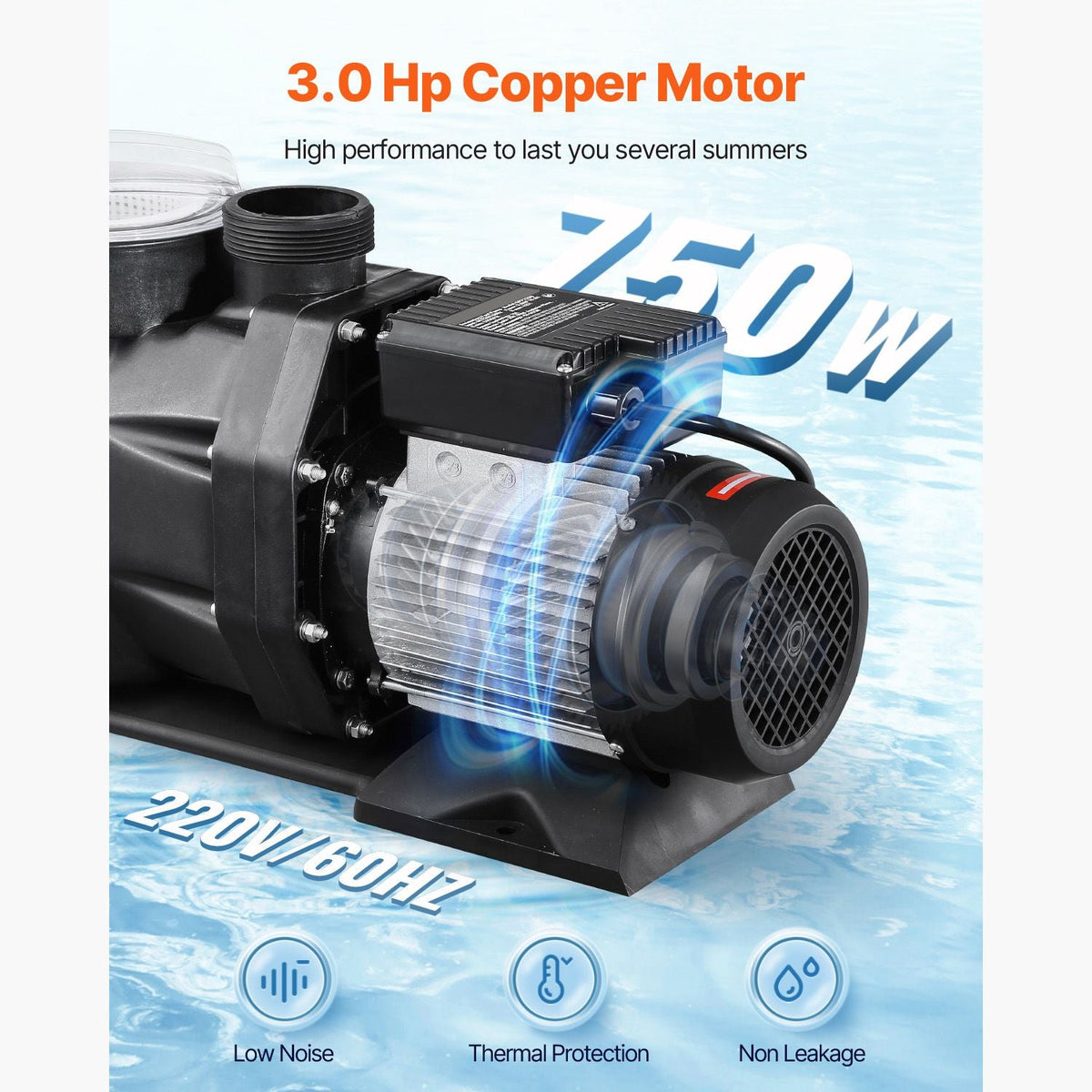 Above Ground Pool Pump, 3 HP, 149 GPM Max Flow Single Speed Swimming Pool Pump, 220V 3450 RPM 42 ft Max Head Lift with PP Shell Strainer Basket, 122 Fahrenheit Max Water Temp, No Plug