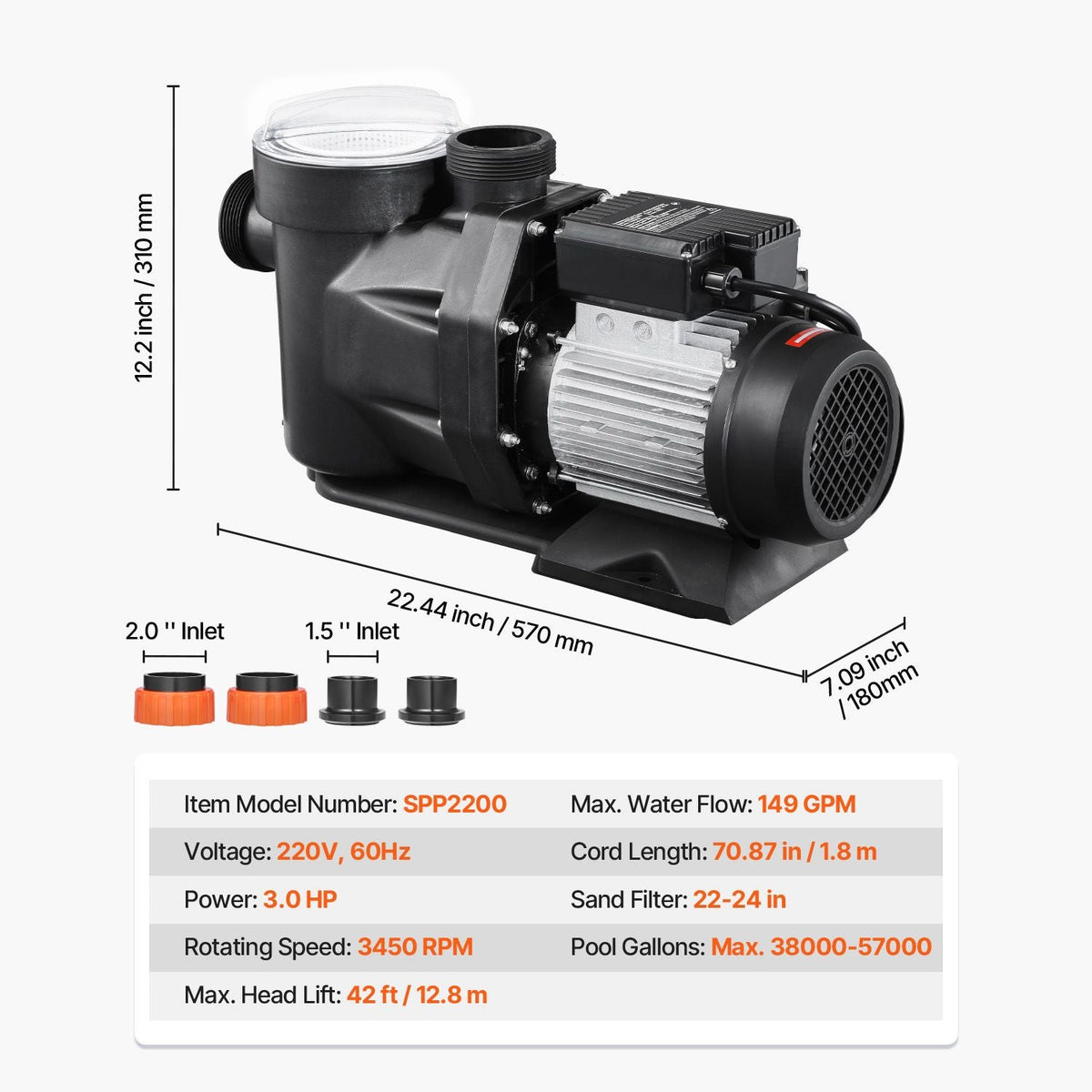 Above Ground Pool Pump, 3 HP, 149 GPM Max Flow Single Speed Swimming Pool Pump, 220V 3450 RPM 42 ft Max Head Lift with PP Shell Strainer Basket, 122 Fahrenheit Max Water Temp, No Plug