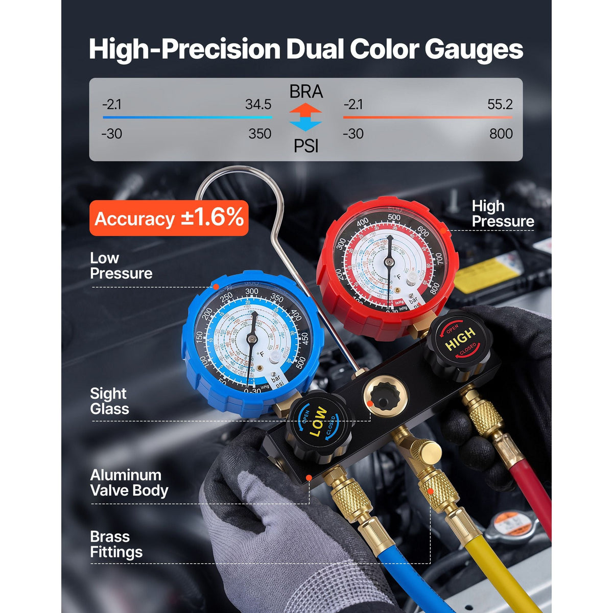 AC Manifold Gauge Set for R134a R404A R1234yf R22 Refrigerant, 3 Way AC Gauge with 5 ft Hoses, Adapters, Quick Couplers, Can Taps for Automotive Air Conditioning Maintenance, Charging Evacuation