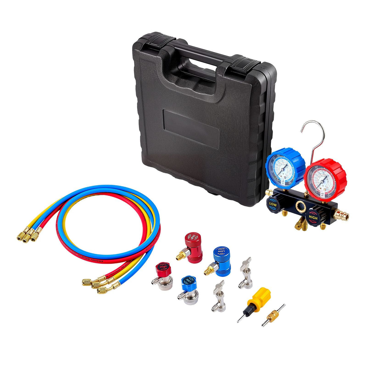 AC Manifold Gauge Set for R134a R404A R1234yf R22 Refrigerant, 3 Way AC Gauge with 5 ft Hoses, Adapters, Quick Couplers, Can Taps for Automotive Air Conditioning Maintenance, Charging Evacuation