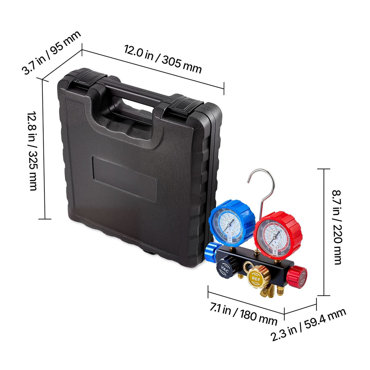 AC Manifold Gauge Set for R134a R404A R1234yf R22 Refrigerant, 4 Way AC Gauge with 5 ft Hoses, Adapters, Quick Couplers, Can Taps for Automotive Air Conditioning Maintenance, Charging Evacuation