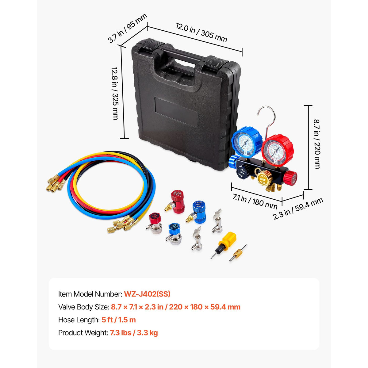 AC Manifold Gauge Set for R134a R404A R1234yf R22 Refrigerant, 4 Way AC Gauge with 5 ft Hoses, Adapters, Quick Couplers, Can Taps for Automotive Air Conditioning Maintenance, Charging Evacuation