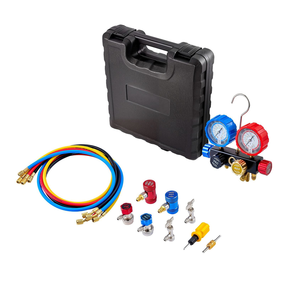 AC Manifold Gauge Set for R134a R404A R1234yf R22 Refrigerant, 4 Way AC Gauge with 5 ft Hoses, Adapters, Quick Couplers, Can Taps for Automotive Air Conditioning Maintenance, Charging Evacuation