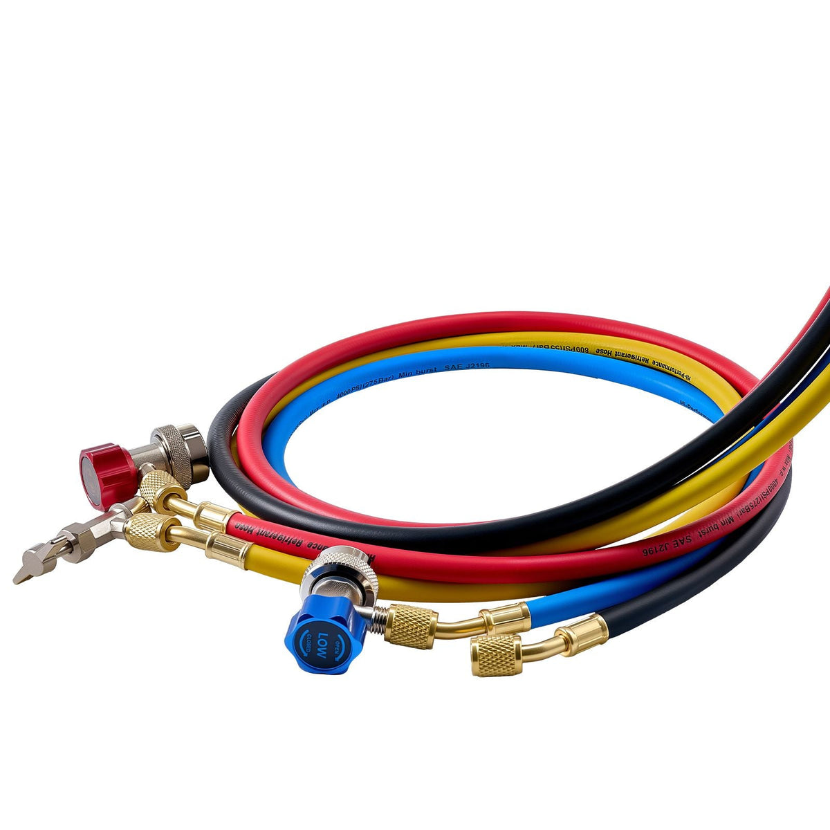 AC Manifold Gauge Set for R134a R404A R1234yf R22 Refrigerant, 4 Way AC Gauge with 5 ft Hoses, Adapters, Quick Couplers, Can Taps for Automotive Air Conditioning Maintenance, Charging Evacuation