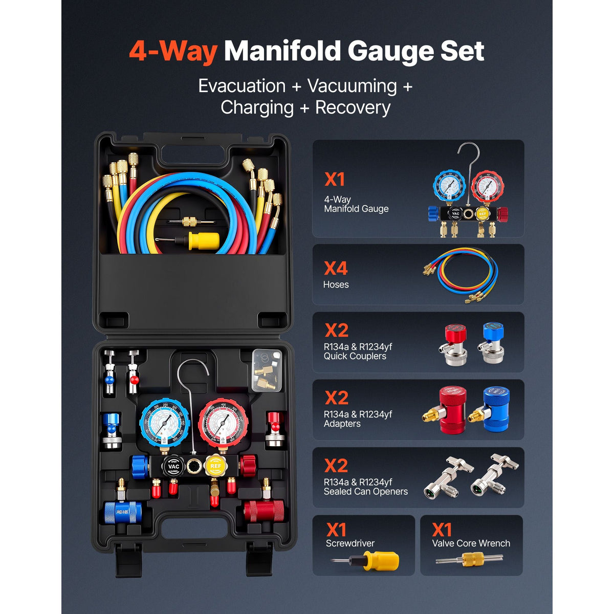 AC Manifold Gauge Set for R134a R404A R1234yf R22 Refrigerant, 4 Way AC Gauge with 5 ft Hoses, Adapters, Quick Couplers, Can Taps for Automotive Air Conditioning Maintenance, Charging Evacuation