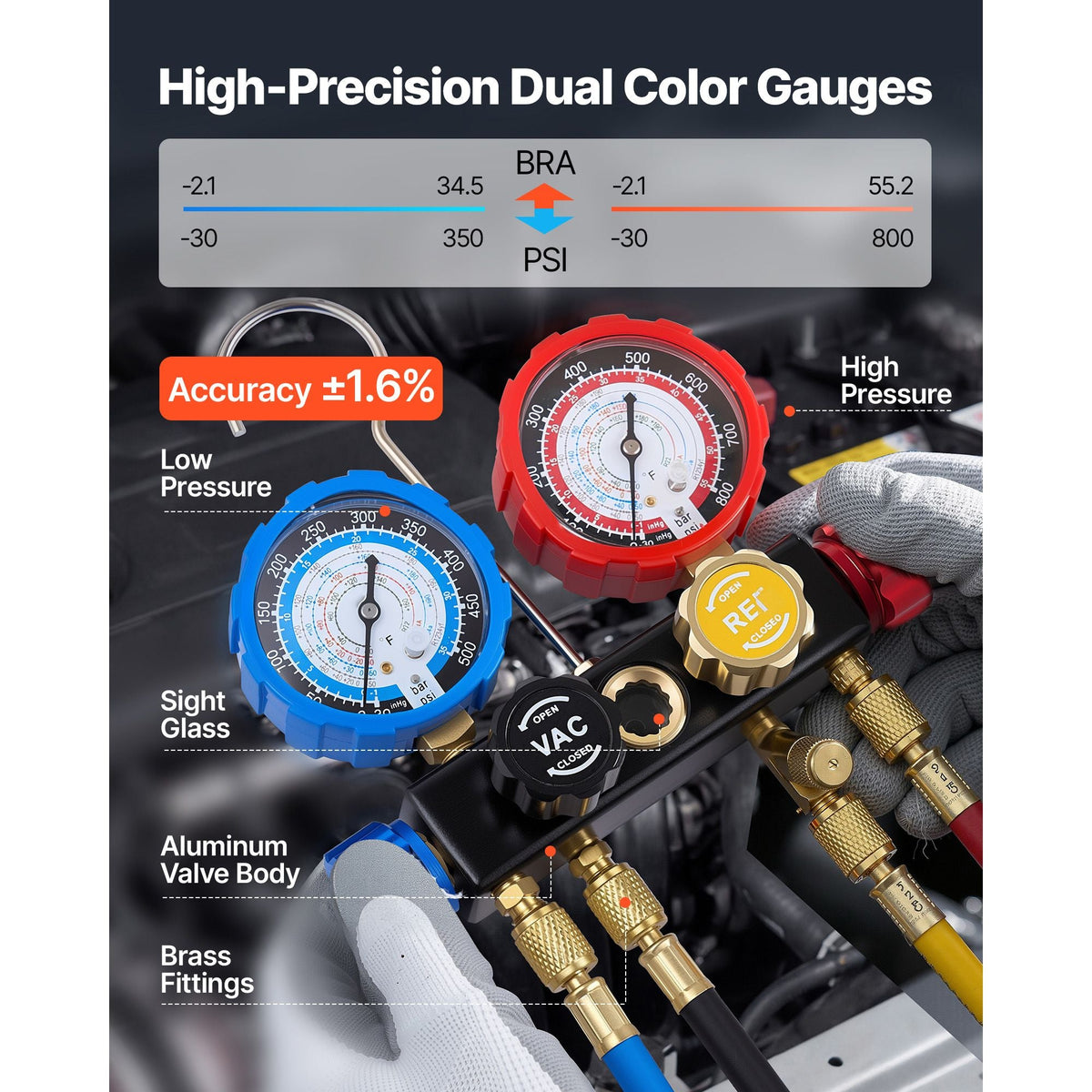 AC Manifold Gauge Set for R134a R404A R1234yf R22 Refrigerant, 4 Way AC Gauge with 5 ft Hoses, Adapters, Quick Couplers, Can Taps for Automotive Air Conditioning Maintenance, Charging Evacuation