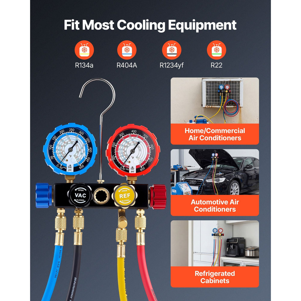 AC Manifold Gauge Set for R134a R404A R1234yf R22 Refrigerant, 4 Way AC Gauge with 5 ft Hoses, Adapters, Quick Couplers, Can Taps for Automotive Air Conditioning Maintenance, Charging Evacuation